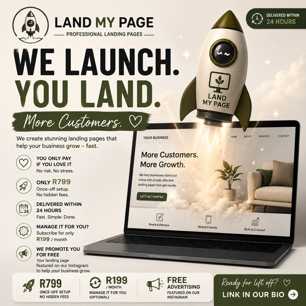 Land My Page professional landing page service with 24-hour delivery and rocket launch branding.